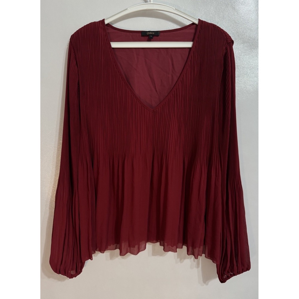 Quince Large Chiffon Pleated V Neck Blouse Romantic Feminine Poet Sleeve Top